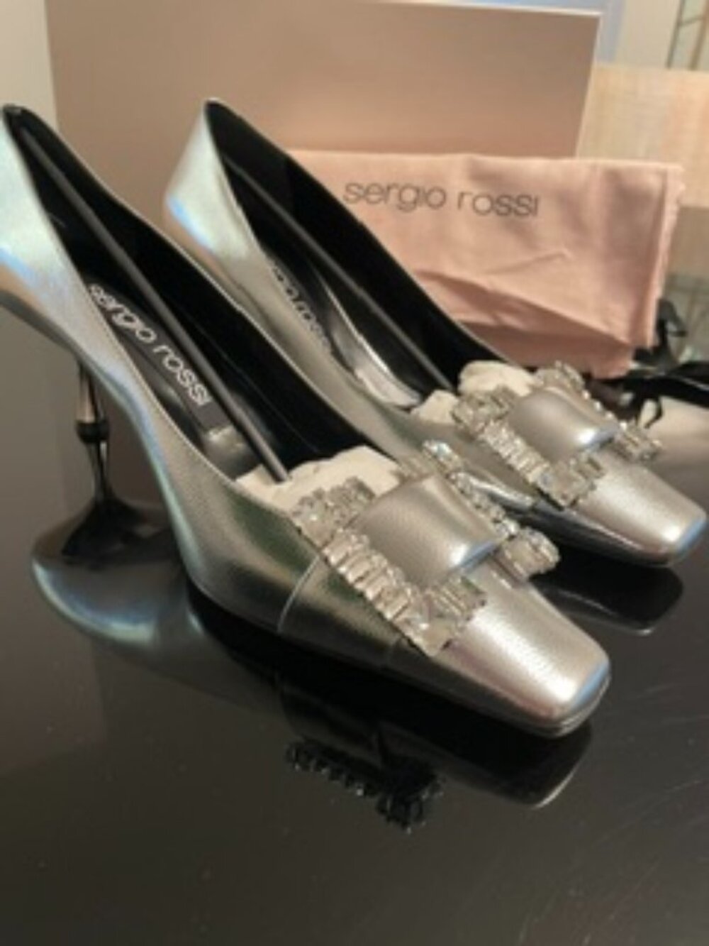 Sergio Rossi SR Twenty elegant 60mm crystal embellished silver leather pumps NIB